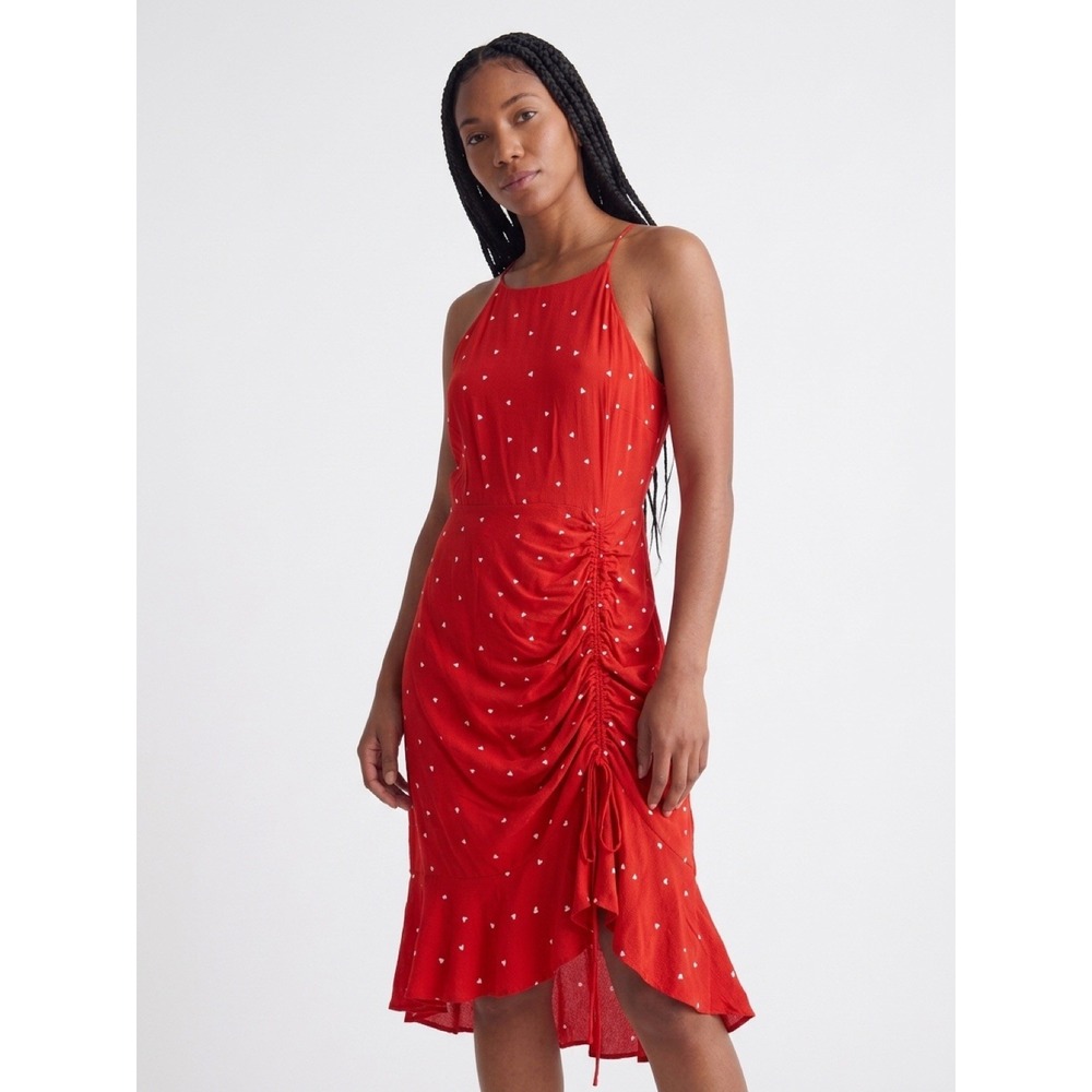 Dress Forum Orange/White Heart Print Ruched Halter Sleeveless Midi Dress L